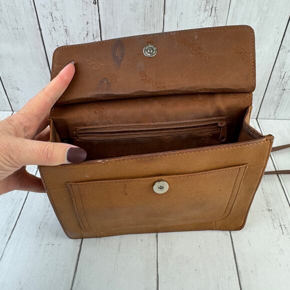 VTG Fossil Brown Camel Leather Double Flap Saddle Crossbody Bag Organizer - Picture 7 of 15
